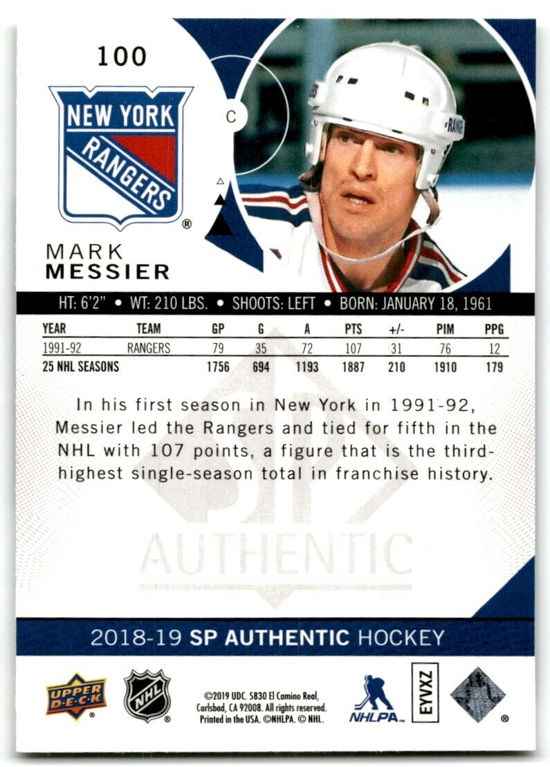 2018-19 SP Authentic Mark Messier New York Rangers #100