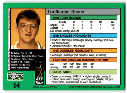 1991 Protennis player Cards Netpro Tour Star Guillaume Raoux #14