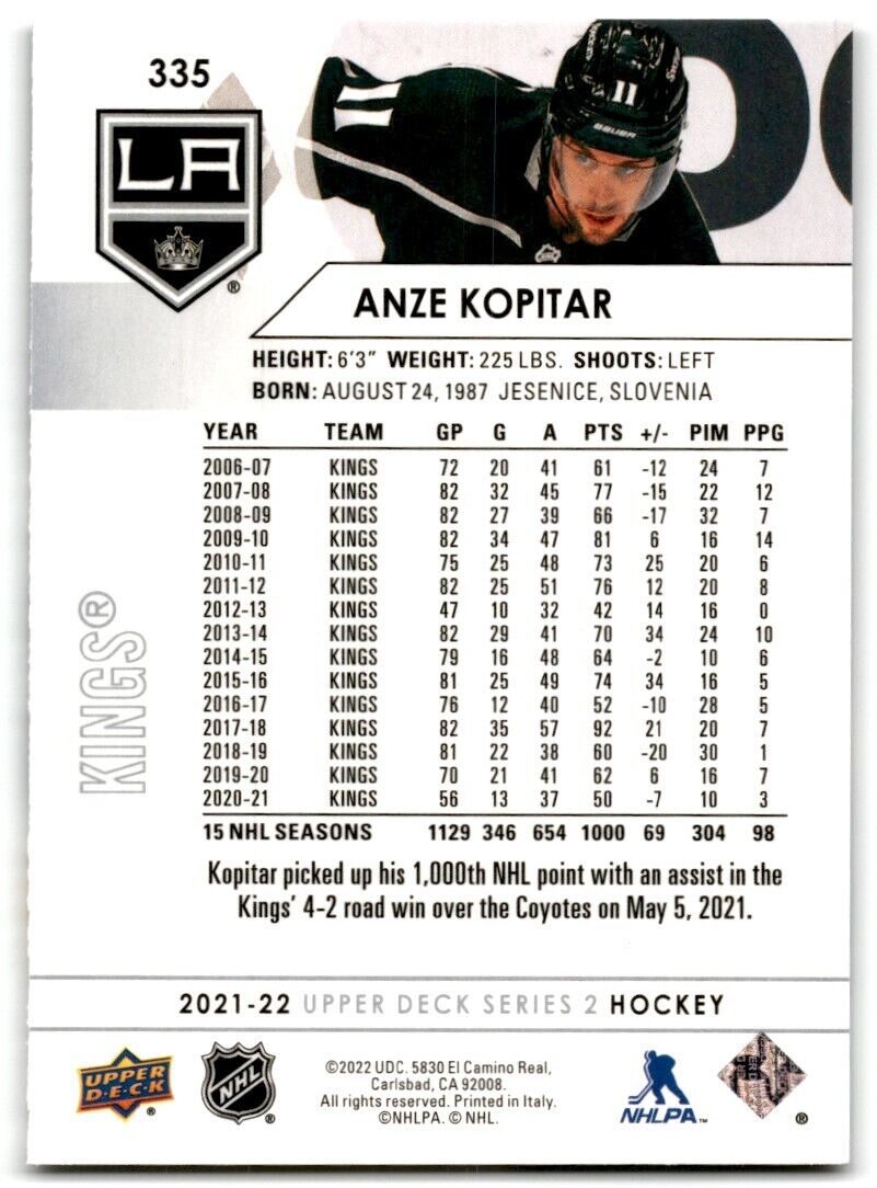 2021-22 Upper Deck Anze Kopitar Los Angeles Kings #335