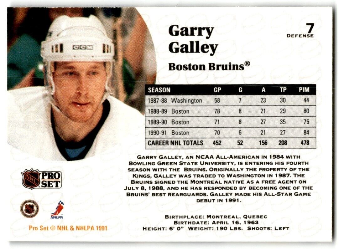 1991-92 Pro Set Garry Galley Boston Bruins #7