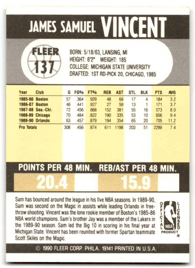 1990-91 Fleer Sam Vincent Orlando Magic #137