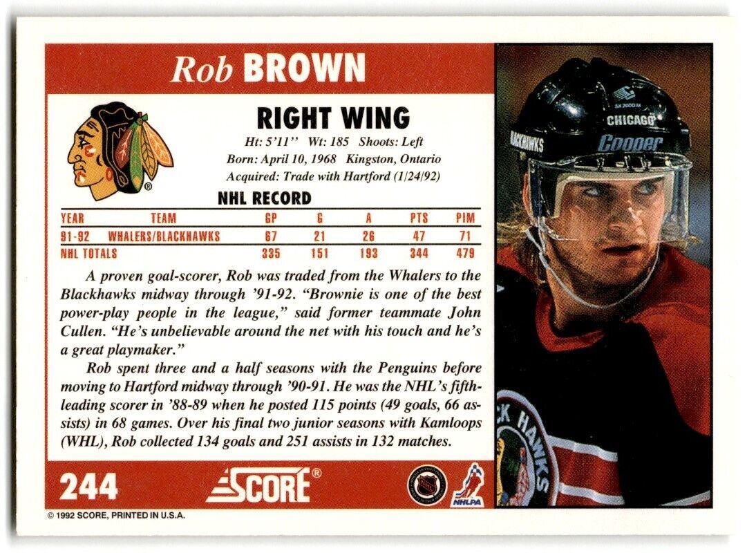 1992-93 Score Rob Brown Chicago Blackhawks #244