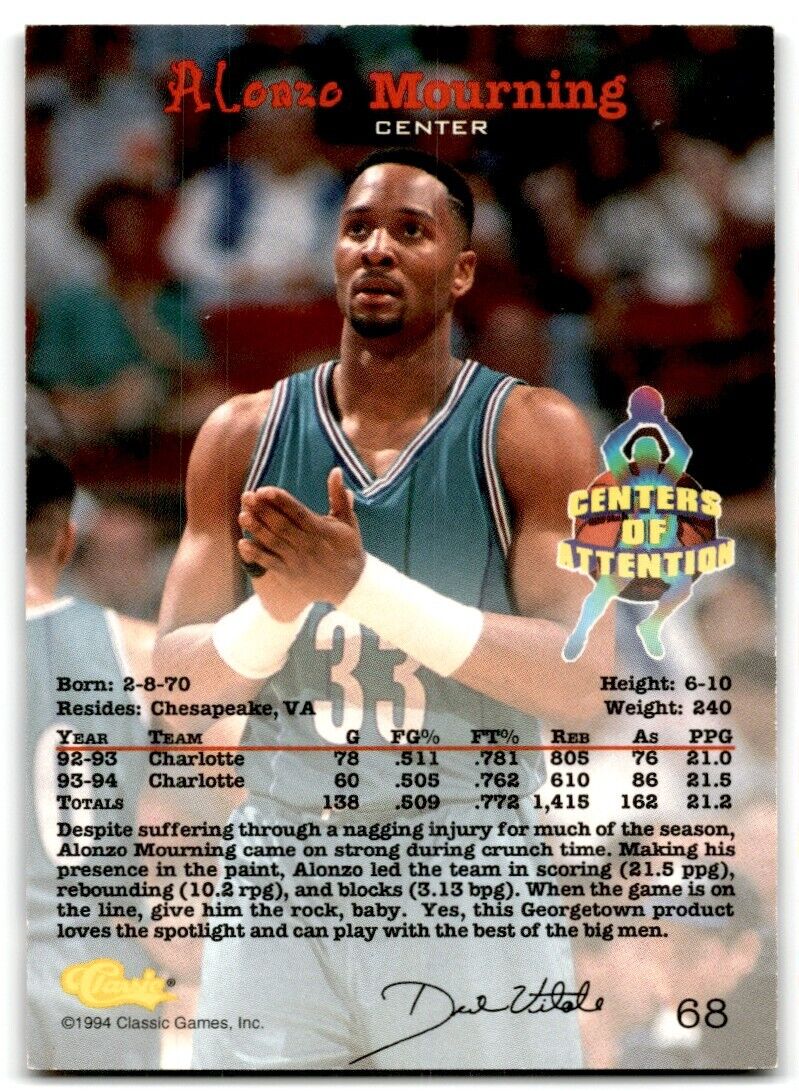 1994-95 Classic Draft Alonzo Mourning Charlotte Hornets #68