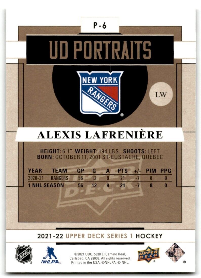 2021-22 Upper Deck UD Portraits Alexis Lafreniere New York Rangers #P-6