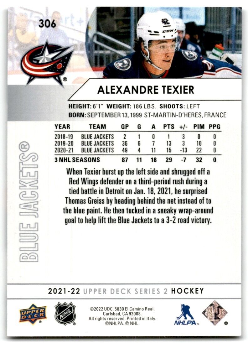 2021-22 Upper Deck Alexandre Texier Columbus Blue Jackets #306