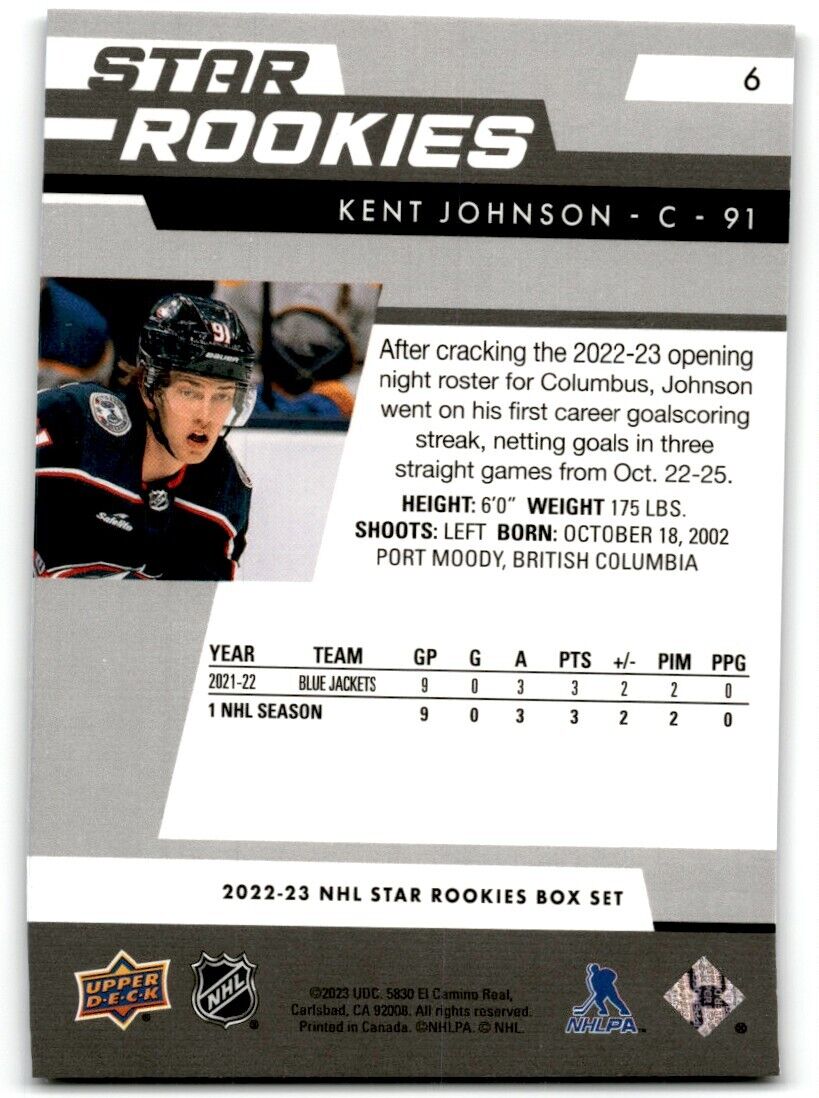 2022-23 Upper Deck Star Rookies Kent Johnson Rookie Columbus Blue Jackets #6