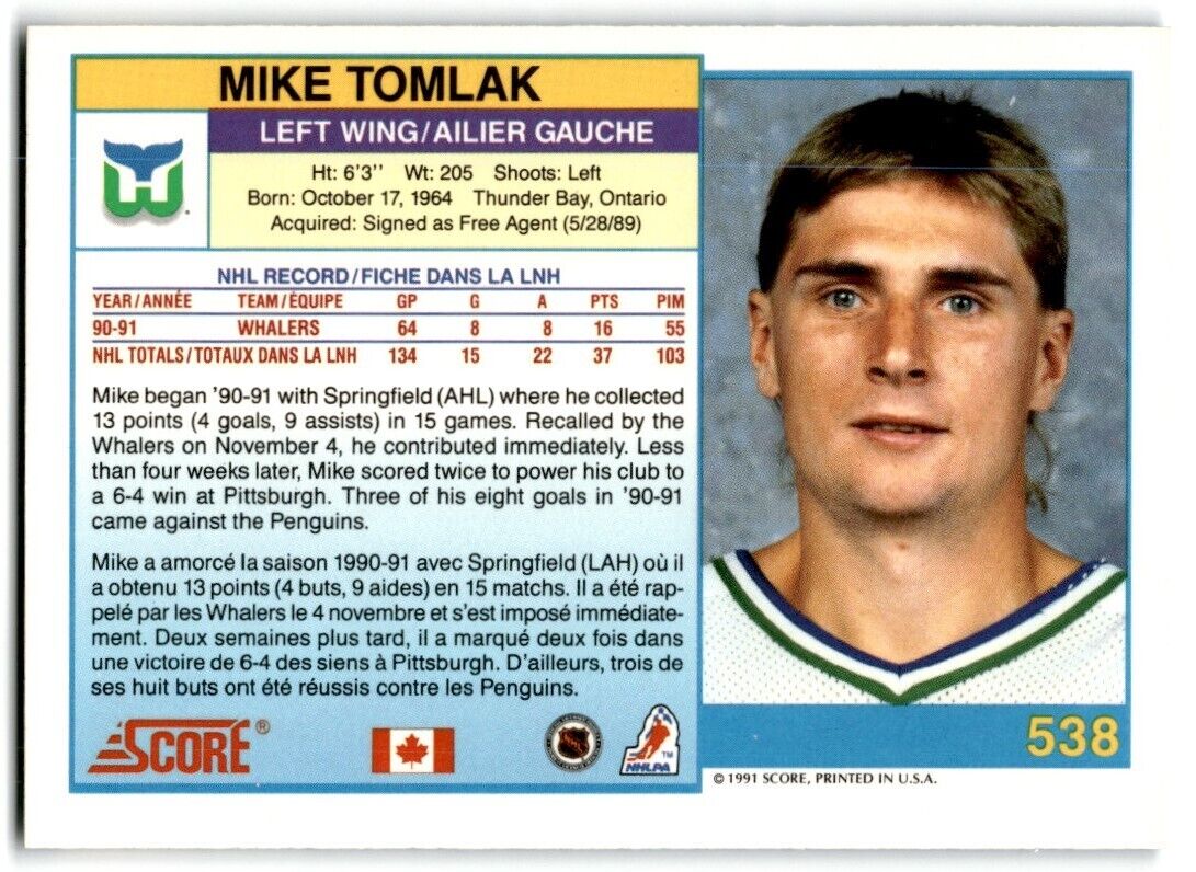 1991-92 Score Canadian Mike Tomlak Hartford Whalers #538