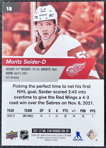 2021-22 Upper Deck NHL Star Rookie Moritz Seider Rookie Detroit Red Wings #18