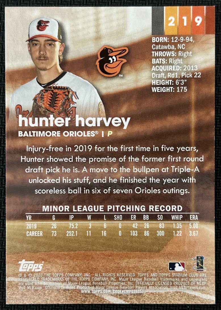 2020 Stadium Club Hunter Harvey Rookie Baltimore Orioles #219