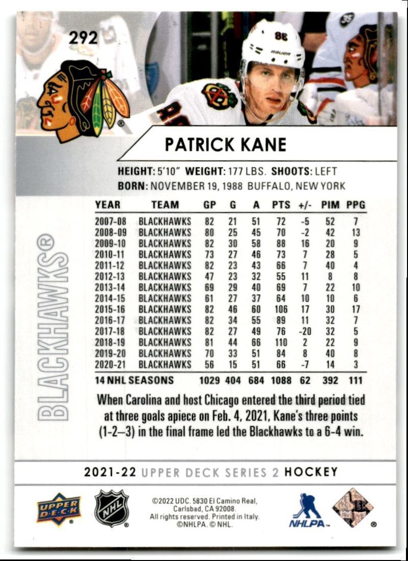 2021-22 Upper Deck Patrick Kane Chicago Blackhawks #292