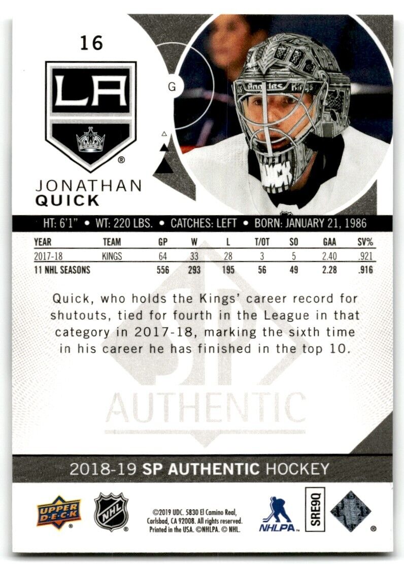 2019-20 SP Authentic Jonathan Quick Los Angeles Kings #16