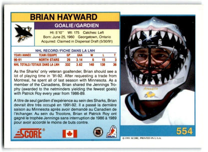 1991-92 Score Canadian Bilingual Brian Hayward San Jose Sharks #554