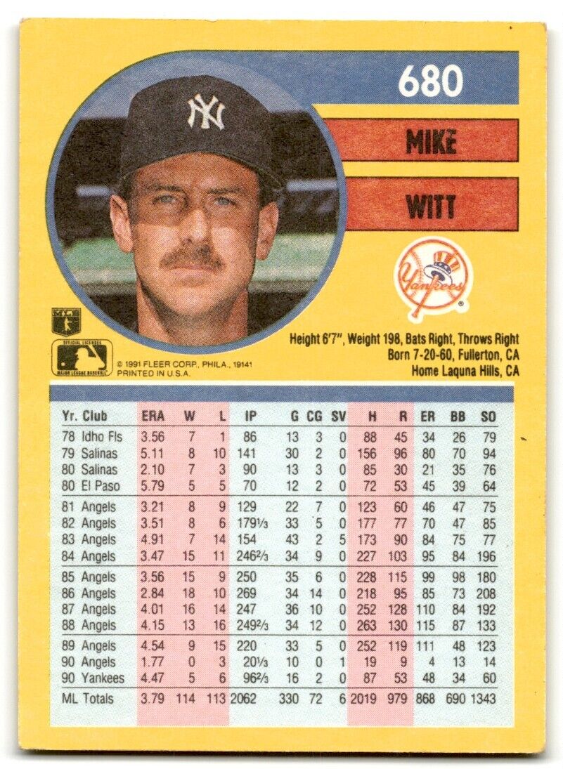 1991 Fleer Mike Witt New York Yankees #680