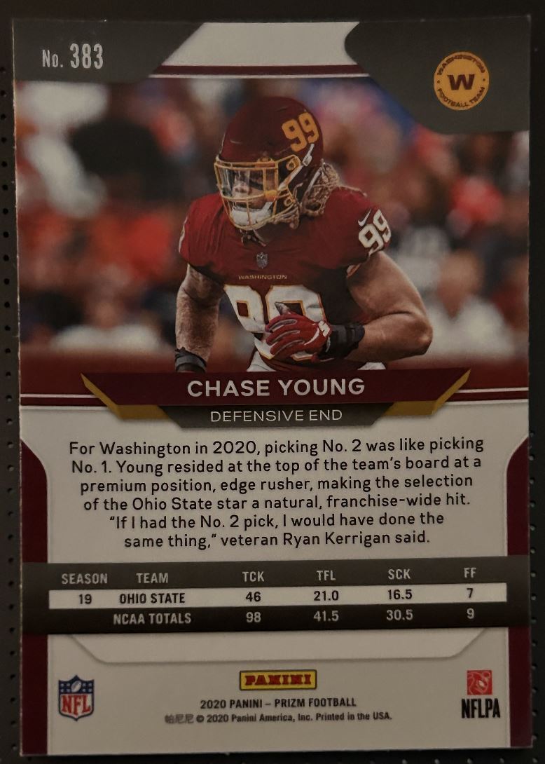 2020 Panini Prizm Chase Young Rookie Washington Football Team #383