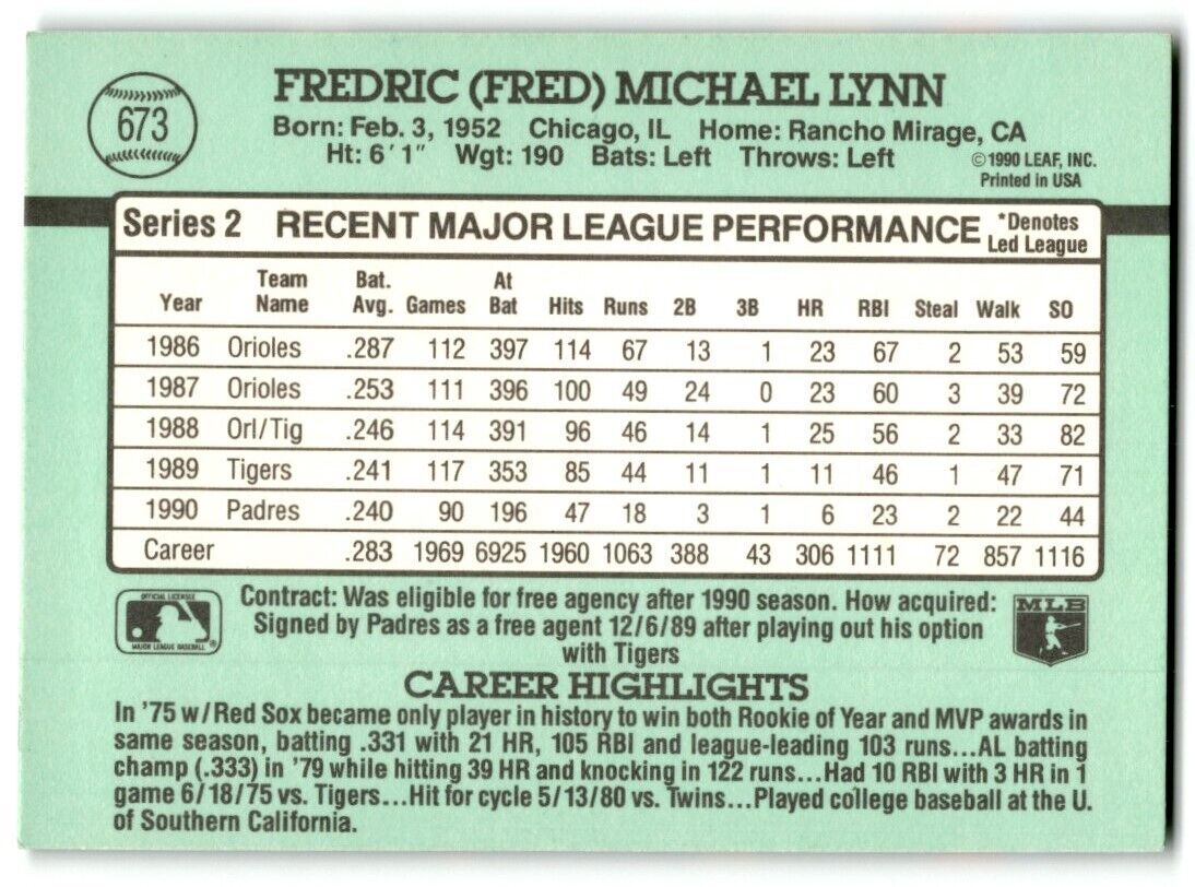 1991 Donruss Fred Lynn San Diego Padres #673