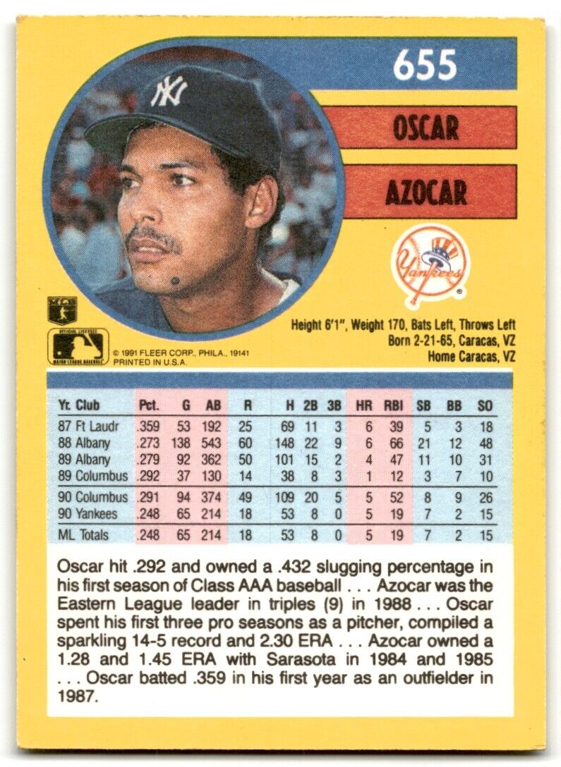 1991 Fleer Oscar Azocar New York Yankees #655