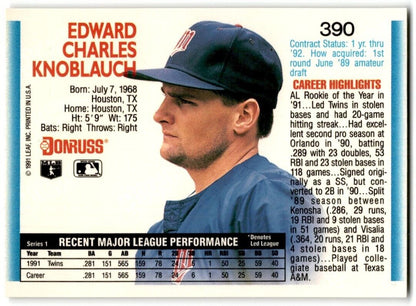 1992 Donruss Chuck Knoblauch Minnesota Twins #390