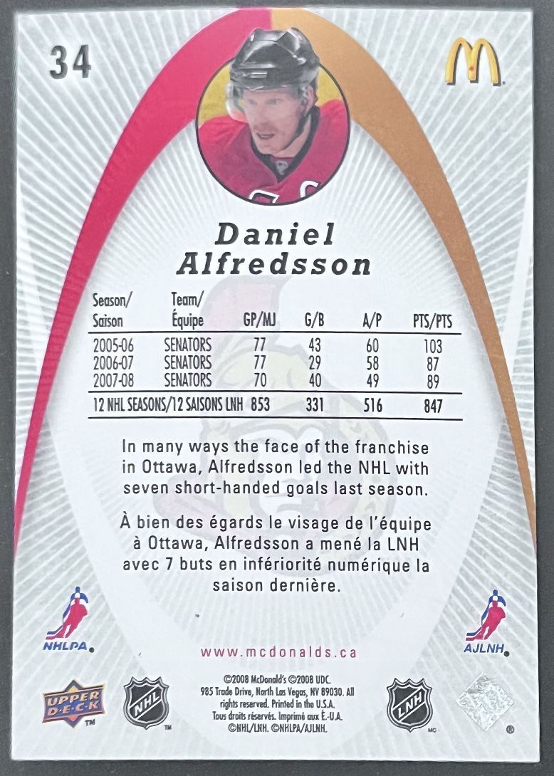 2008-09 McDonald's Upper Deck Daniel Alfredsson Ottawa Senators #34