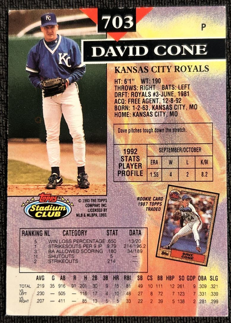 1993 Stadium Club Members Only David Cone Kansas City Royals #703