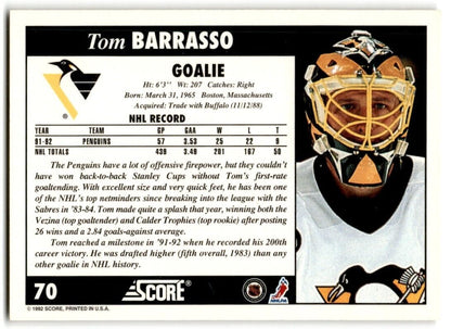 1992-93 Score Tom Barrasso Pittsburgh Penguins #70