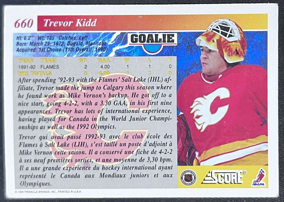 1993-94 Score Trevor Kidd Calgary Flames #660