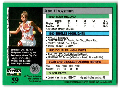 1991 Protennis player Cards Netpro Tour Star Ann Grossman #59