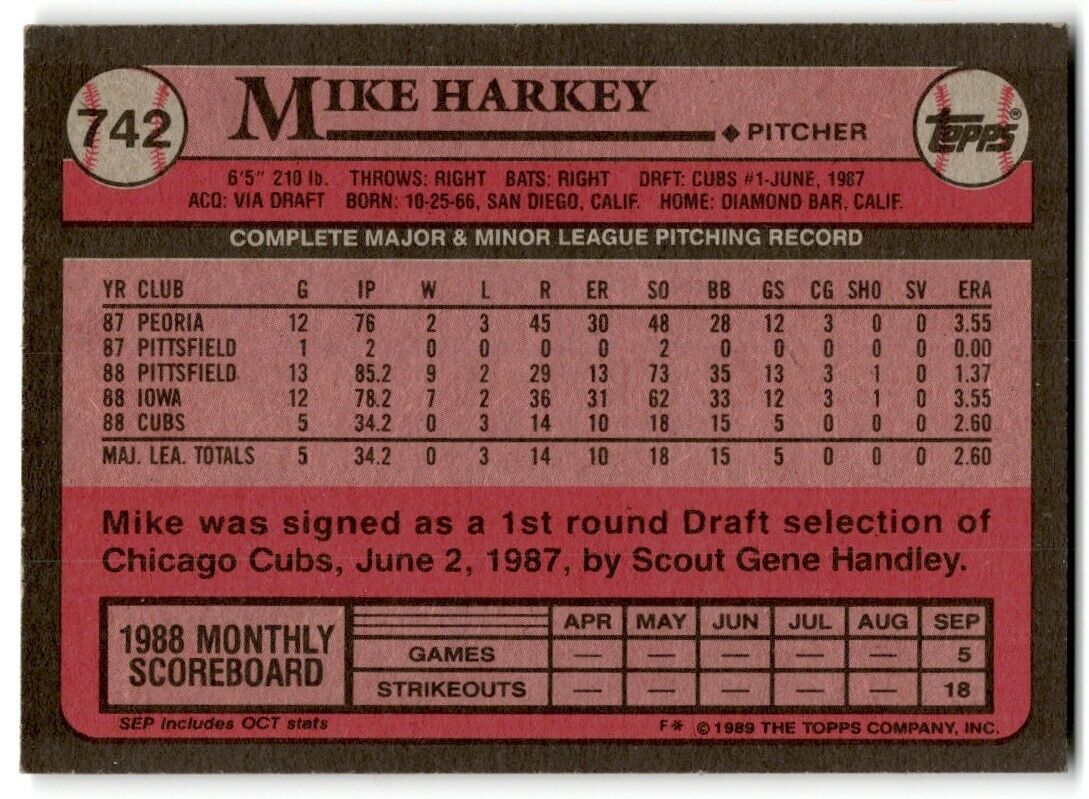 1989 Topps Mike Harkey Chicago Cubs #742