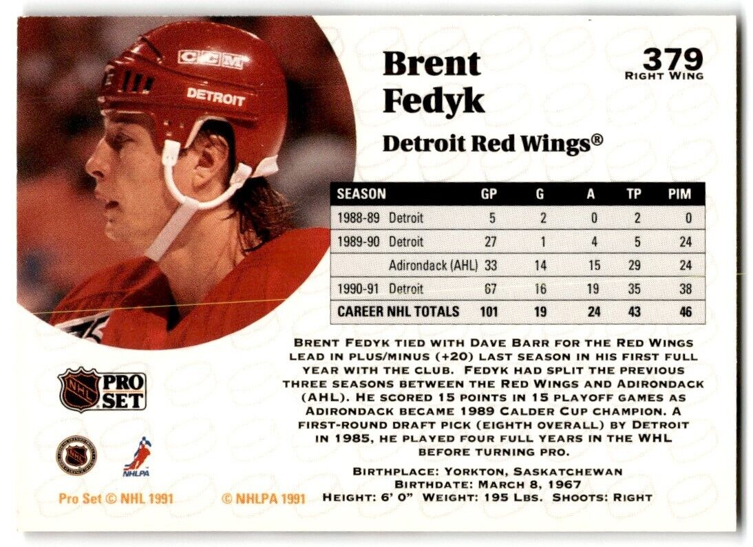 1991-92 Pro Set Brent Fedyk Detroit Red Wings #379