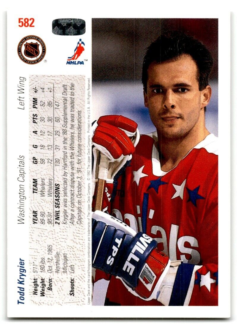 1991-92 Upper Deck Todd Krygier Washington Capitals #582