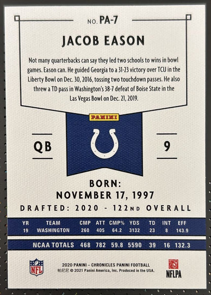 2020 Panini Chronicles Jacob Eason Rookie Indianapolis Colts #PA-7