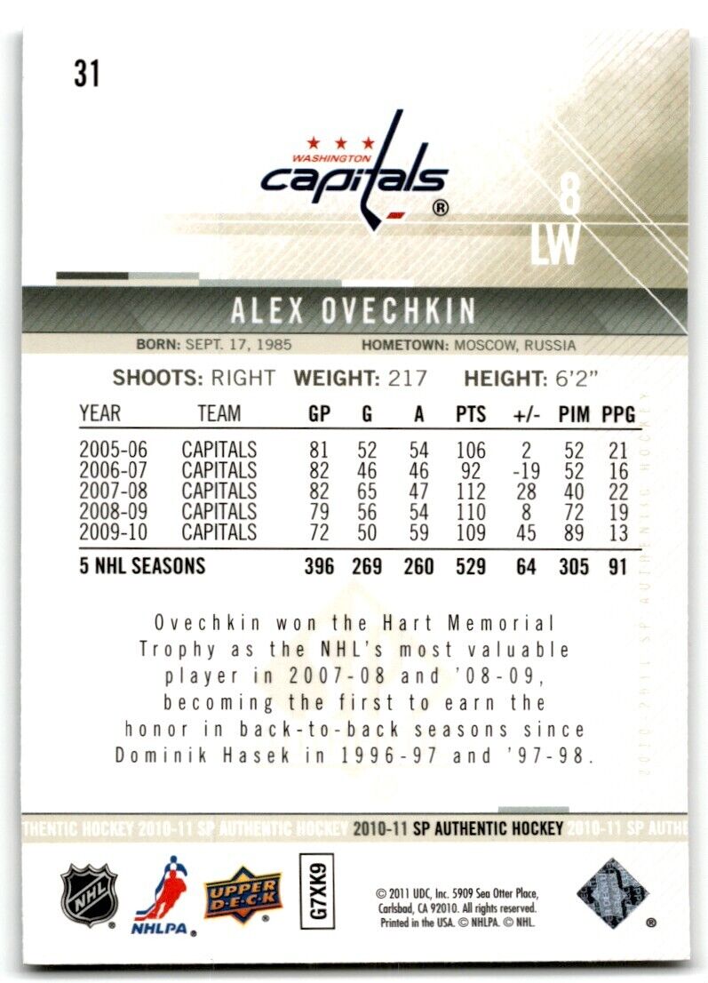 2010-11 SP Authentic Alexander Ovechkin Washington Capitals #31