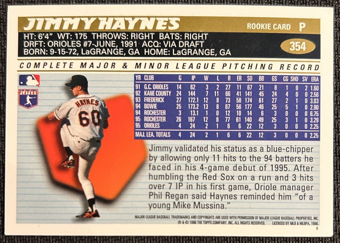 1996 Topps Jimmy Haynes Baltimore Orioles #354