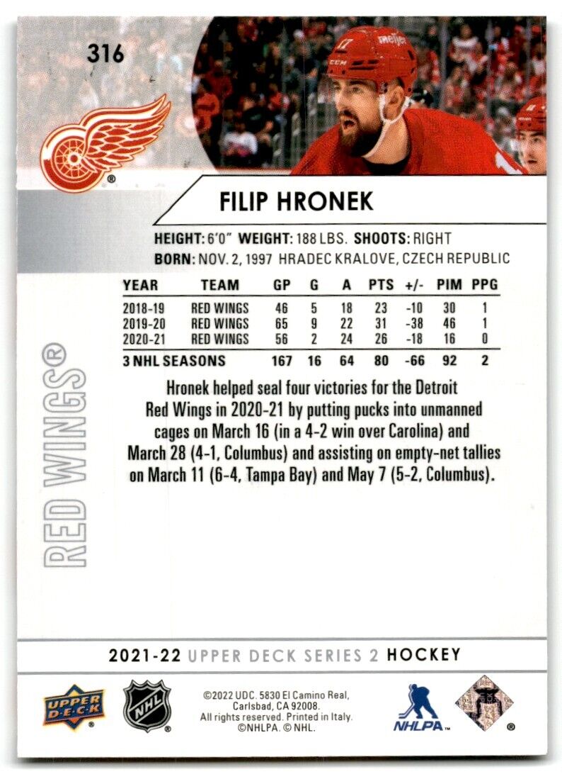 2021-22 Upper Deck Filip Hronek Detroit Red Wings #316