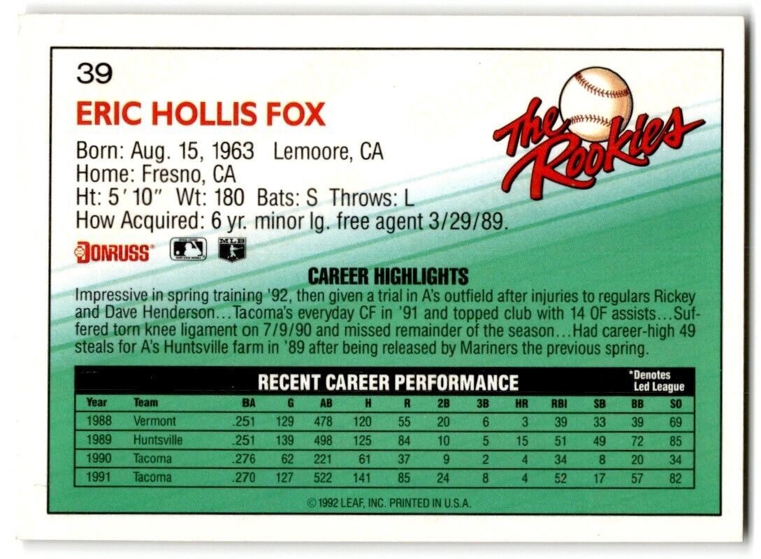 1992 Donruss The Rookies Eric Fox Oakland Athletics #39