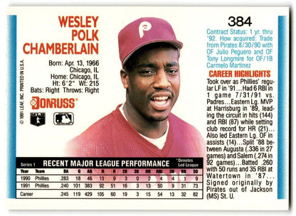 1992 Donruss Wes Chamberlain Philadelphia Phillies #384