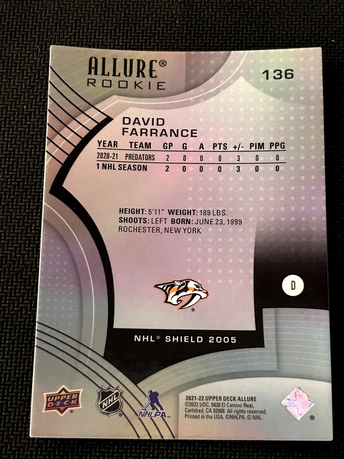 David Farrance NHL Shield Rookie 2021-22 Upper Deck Allure Nashville Predators