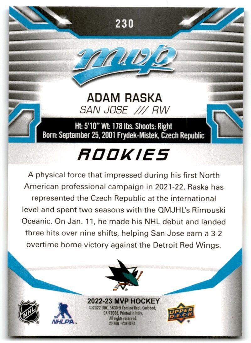 2022-23 Upper Deck MVP Adam Raska Rookie San Jose Sharks #230