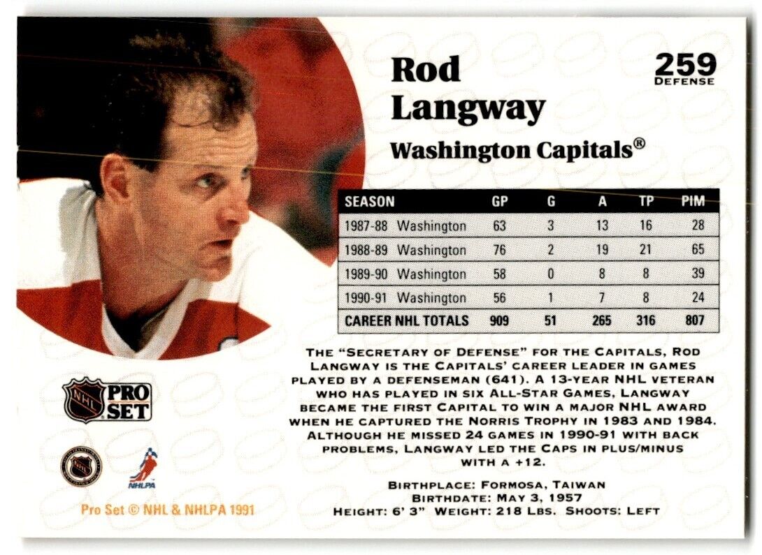 1991-92 Pro Set Rod Langway Washington Capitals #259