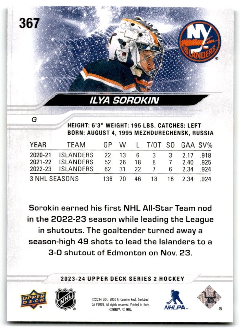 2023-24 Upper Deck Ilya Sorokin New York Islanders #367