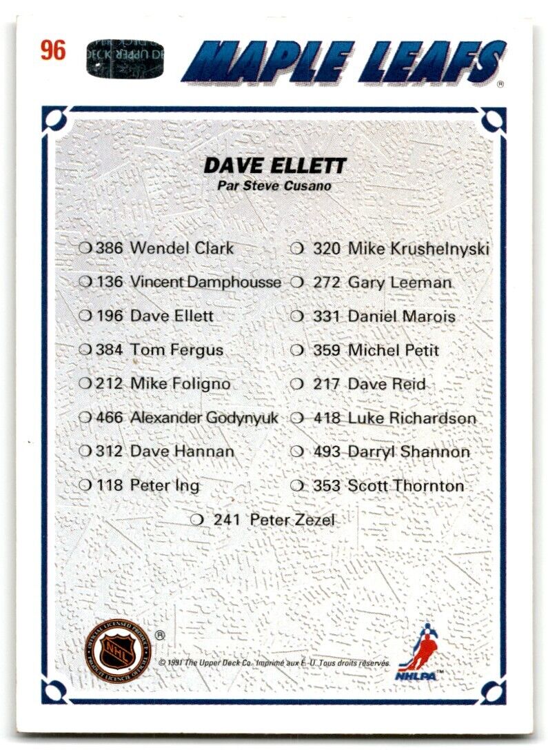 1991-92 Upper Deck Dave Ellett Toronto Maple Leafs #96