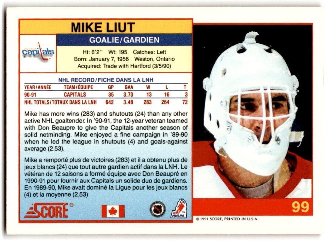 1991-92 Score Mike Liut Washington Capitals #99