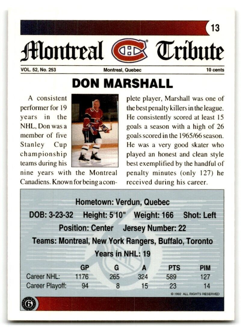 1992-93 Classic Don Marshall Montreal Canadiens #13