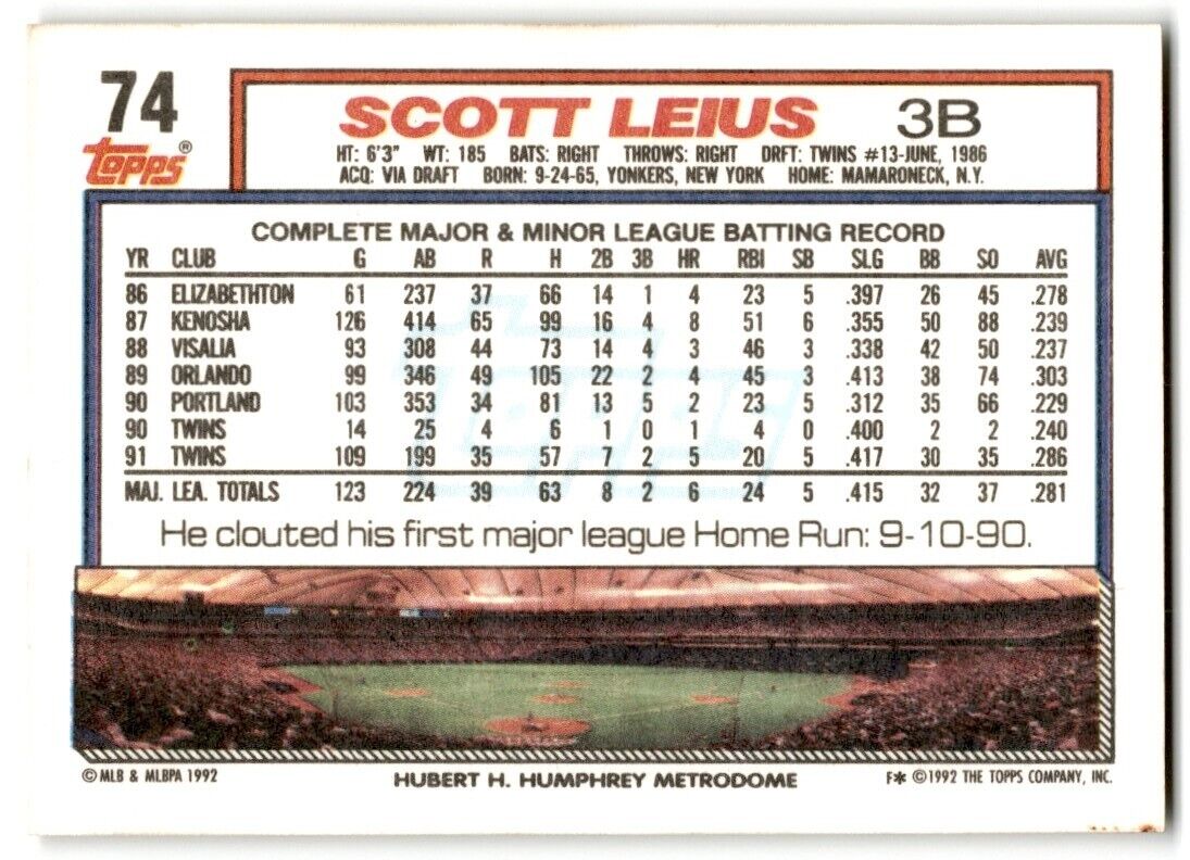 1992 Topps Scott Leius Minnesota Twins #74