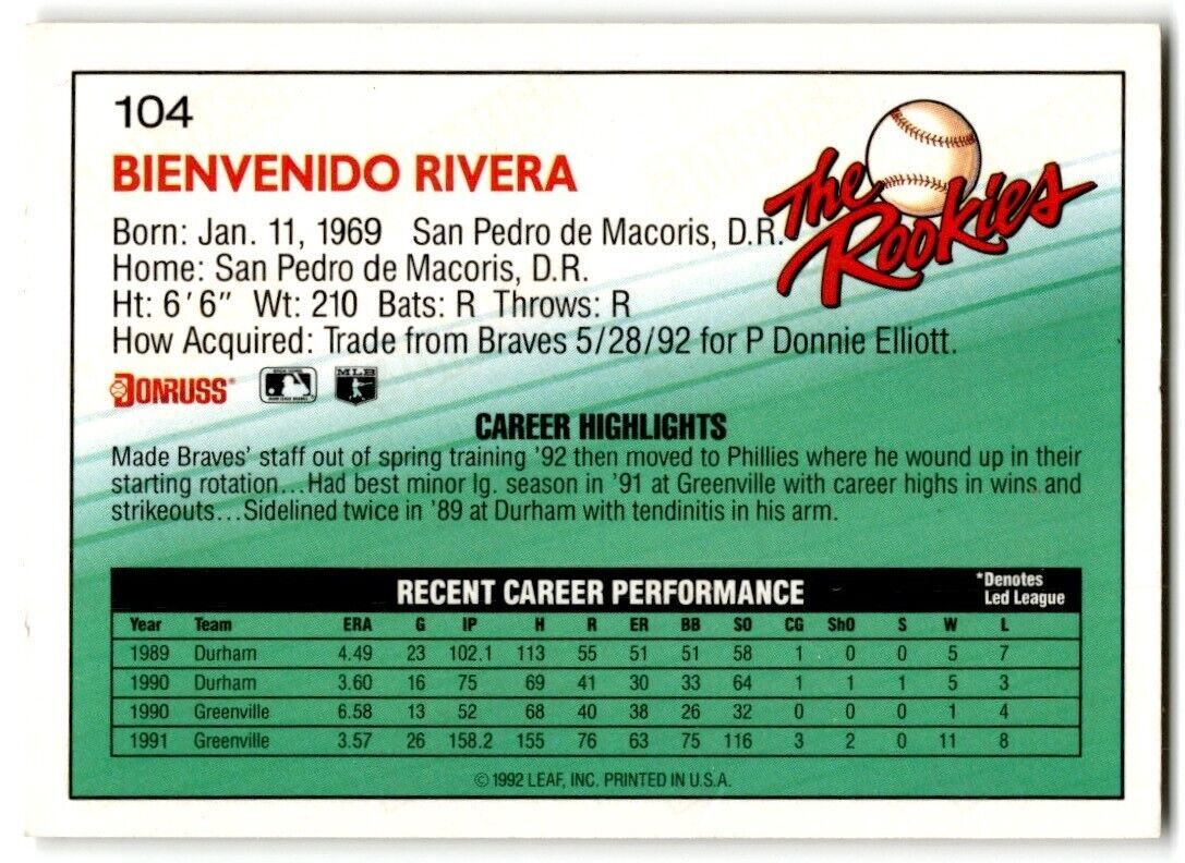 1992 Donruss The Rookies Ben Rivera Philadelphia Phillies #104