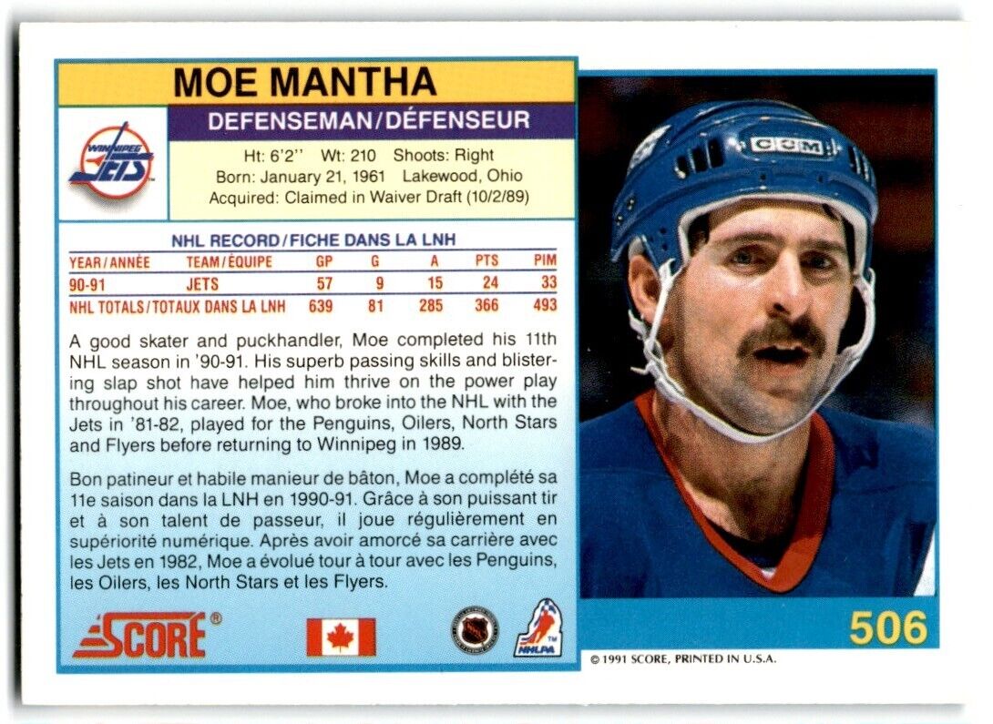 1991-92 Score Canadian Moe Mantha Winnipeg Jets #506