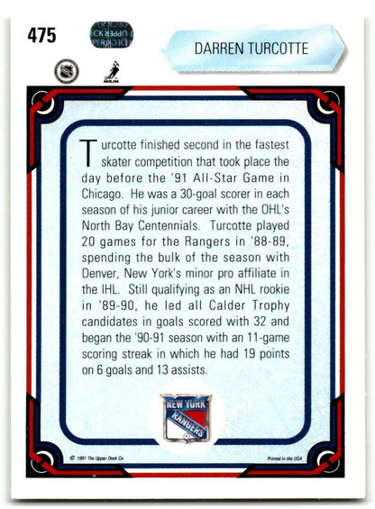 1990-91 Upper Deck Darren Turcotte Rookie New York Rangers #475