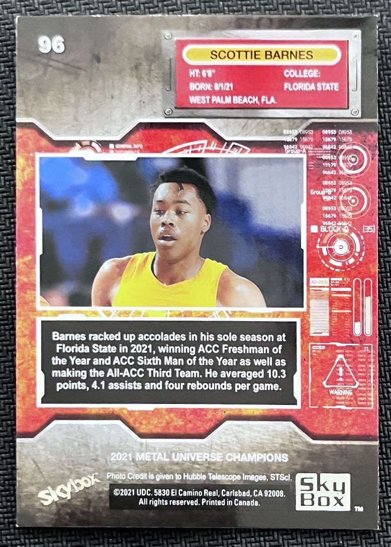 2021-22 Skybox Metal Universe Champion Scottie Barnes #96