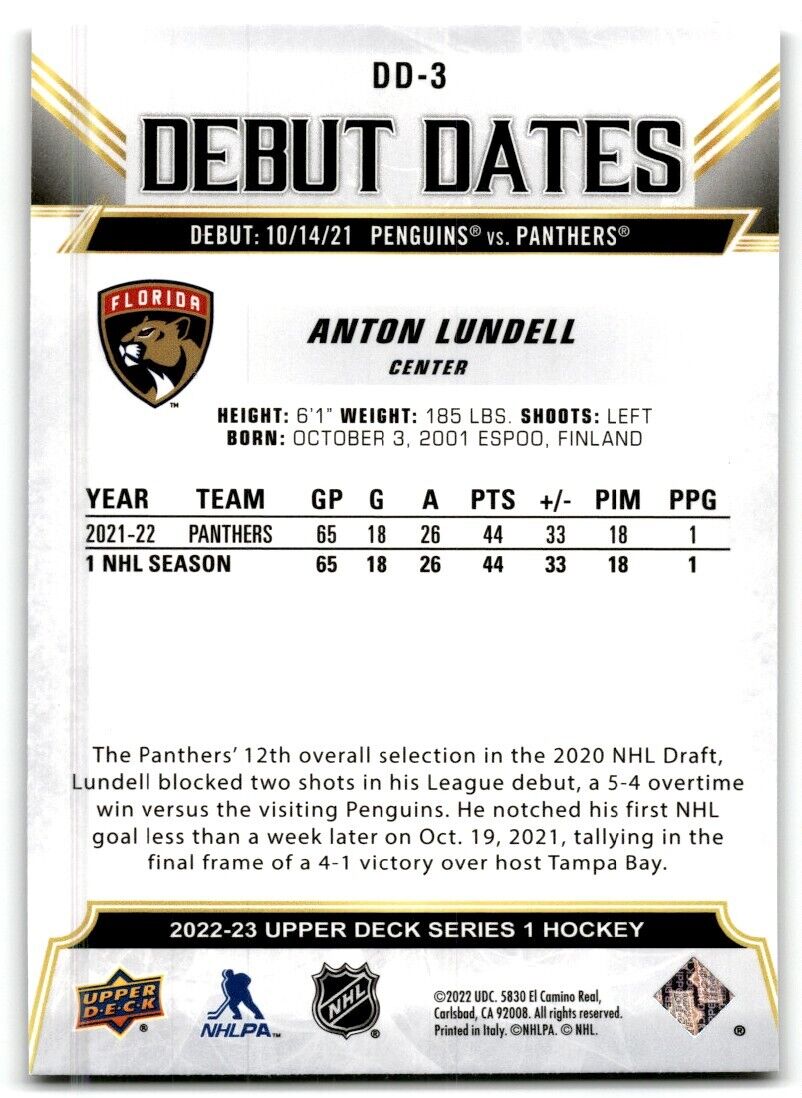 2022-23 Upper Deck Debut Dates Anton Lundell Florida Panthers #DD-3