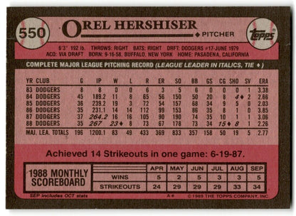 1989 Topps Orel Hershiser Los Angeles Dodgers #550