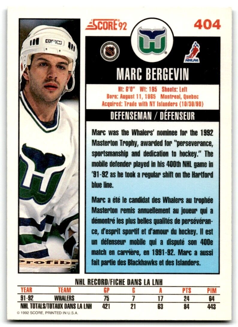 1992-93 Score Marc Bergevin Hartford Whalers #404